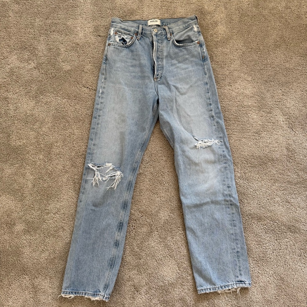 Agolde Light Blue Distressed Straight Leg Jeans